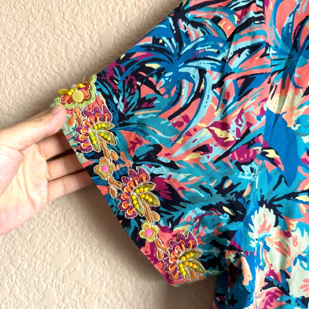 Soft Surroundings Florence Boho Tropical Shirt Dress Embroidered Beaded Tassel L - Picture 8 of 12